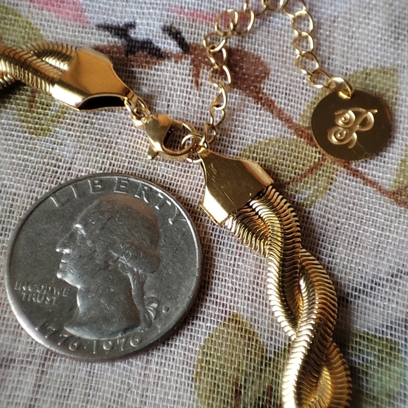 Plunder Brand Signed Braided Herringbone Design Shiny Gold Tone Bracelet NEW - Picture 2 of 4